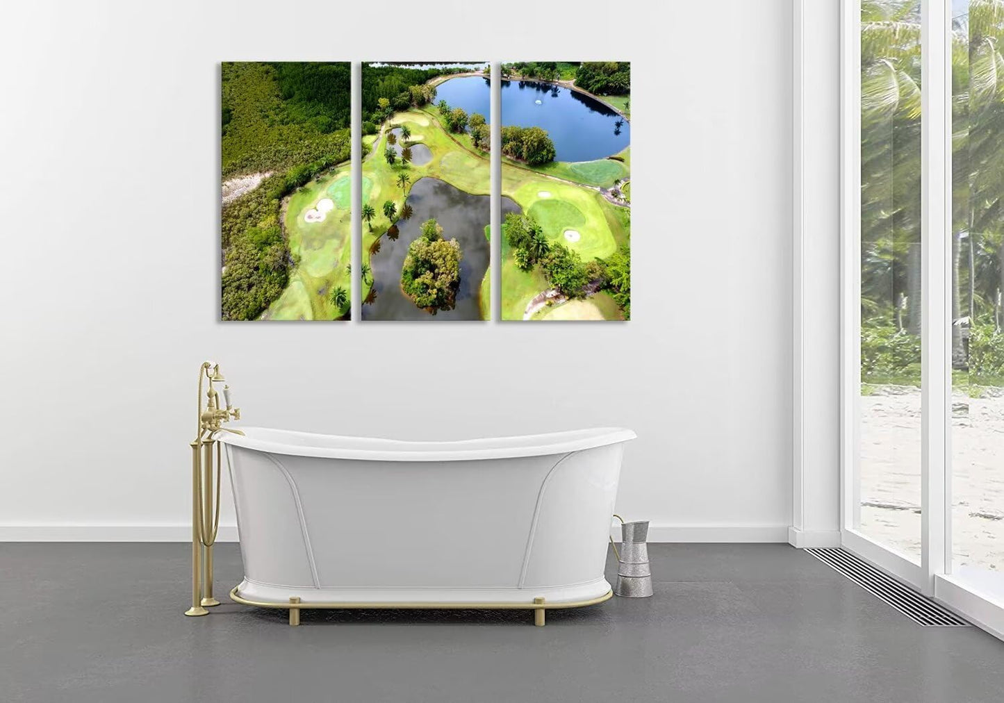chenchenArt Golf Course Wall Art for Living Room Bedroom Bathroom Home Decorations Lake and Golf Course Pictures Posters Canvas Prints Modern Artwork for Office Framed Ready to Hang(12''W x 24''H x3)