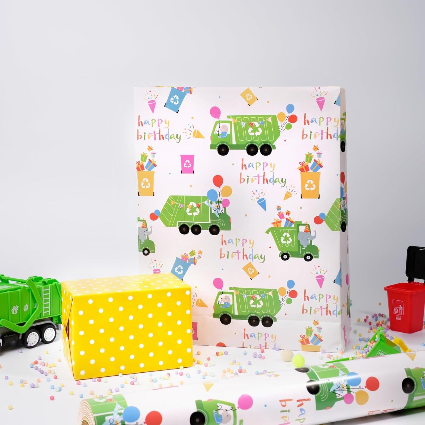 LaRibbons Garbage Truck Reversible Wrapping Paper Mini Roll, Polka Dot Design, Perfect for Kids and Boys Birthdays, 17" x 33' (46.7 sq. ft)