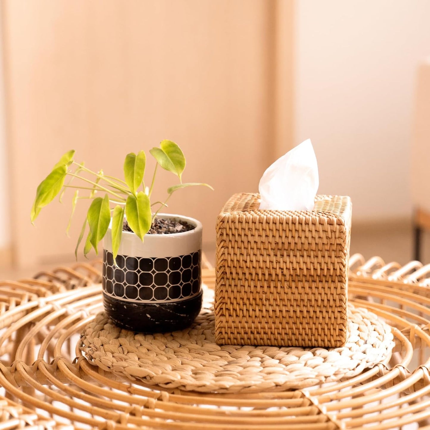 2 Pack Rattan Tissue Box Cover Square, Hand Woven Wicker Tissue Holder, 5.5 x 5.5 X 5.7 inch, Natural