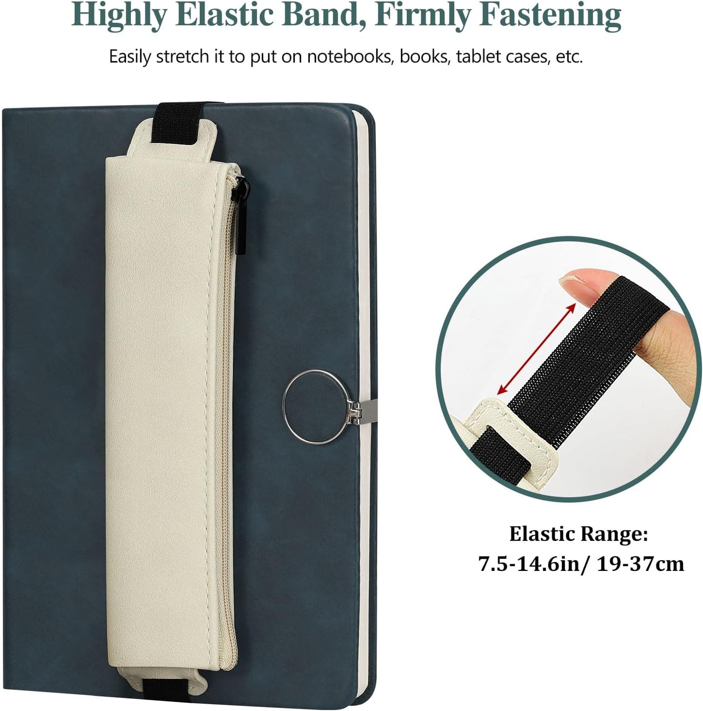 MoKo Elastic Pen Holder for Notebook, 4 Pieces PU Leather Pencil Case with Adjustable Band, Stationery School Supplies Zipper Bag for Planners, Journals, Book