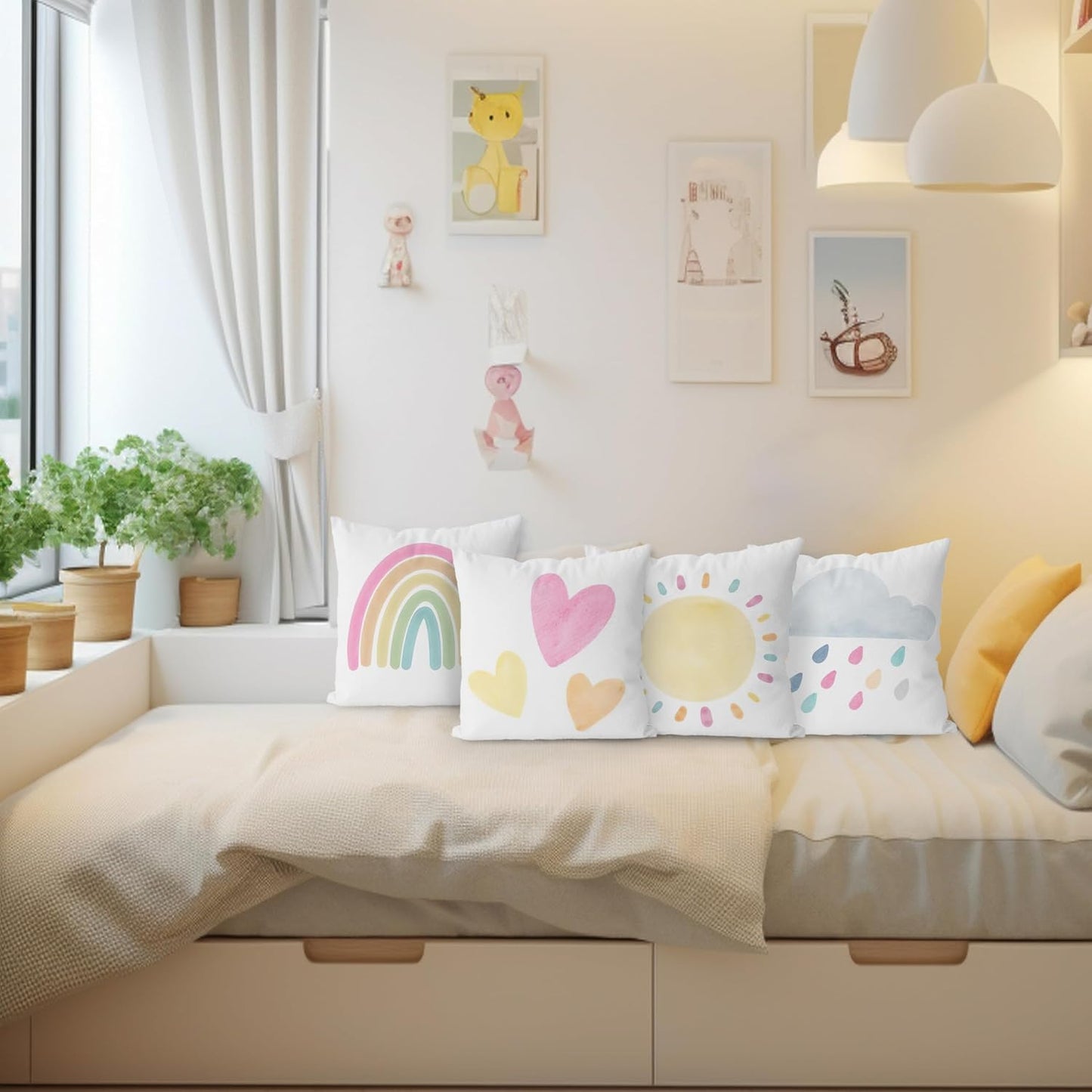 KEUSPI Rainbow Pillow Covers Decor for Toddler Girl Bedroom Little Girl Room Decor Playroom Pillows for Girls Kid Rainbow Room Decor for Nursery Classroom Decor Pastel Pillow Covers 18x18 Set of 4
