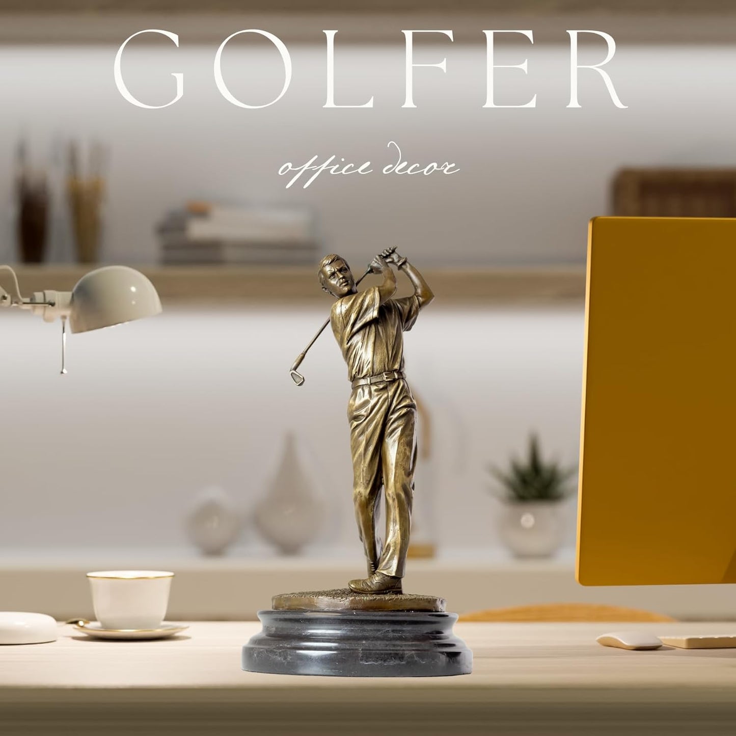 12.2'' Modern Golf Man Bronze Statue, Bronze Golfer Figurine Sculpture Ornament with Marble Base, Classical Art Craft for Home, Office Decor, Collection, Gift