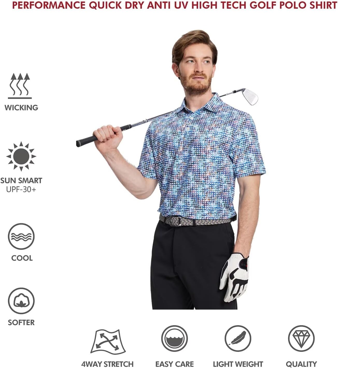 Golf Shirts for Men Dry Fit Short Sleeve Print Performance Moisture Wicking Polo Shirt