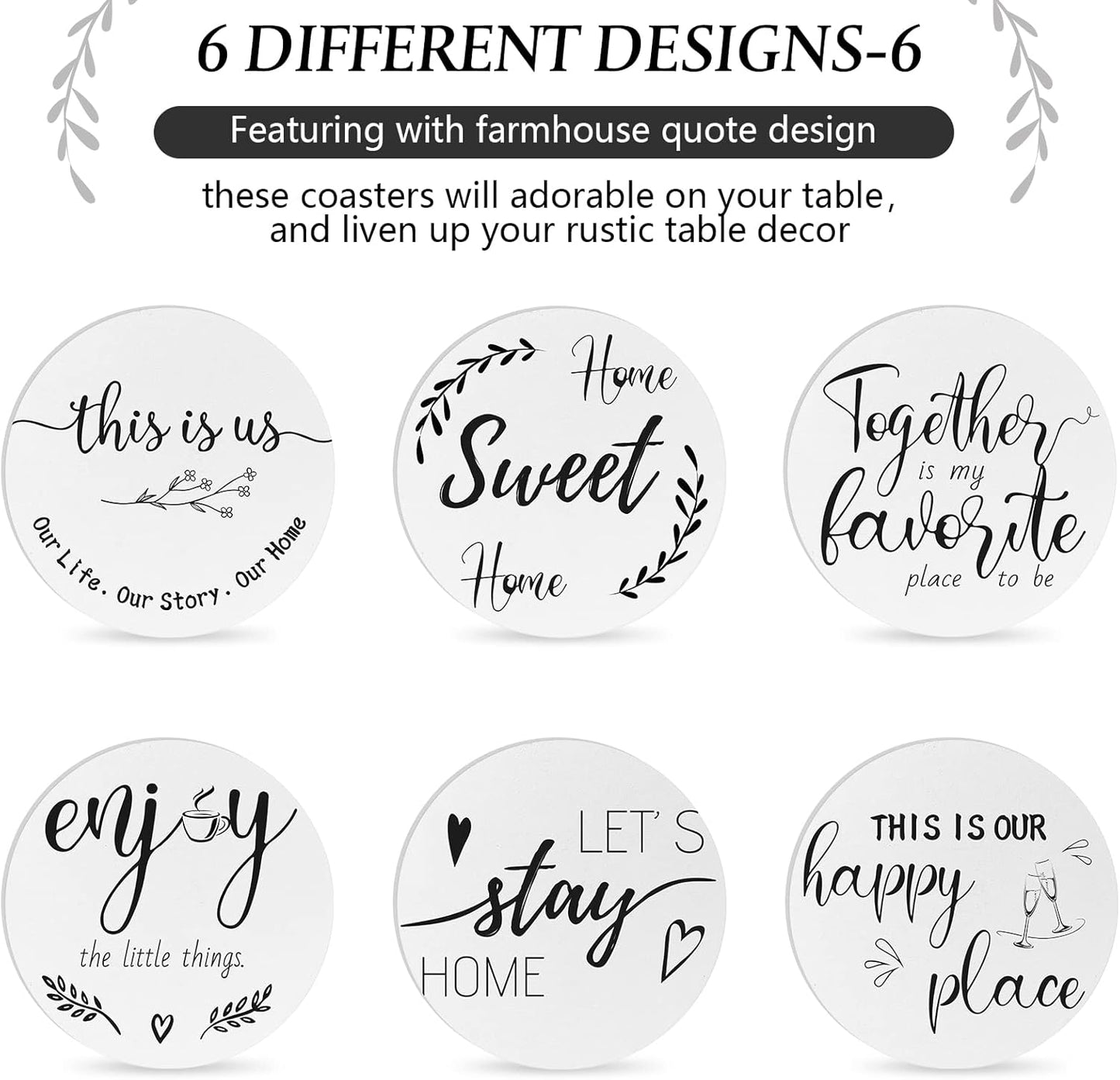 Queekay Housewarming Gifts for Home Decoration Wooden Heart Coasters for Drinks 6 Set Farmhouse Coasters with Holder Funny for Family Coffee Table Protection, 4''(White,Gray)