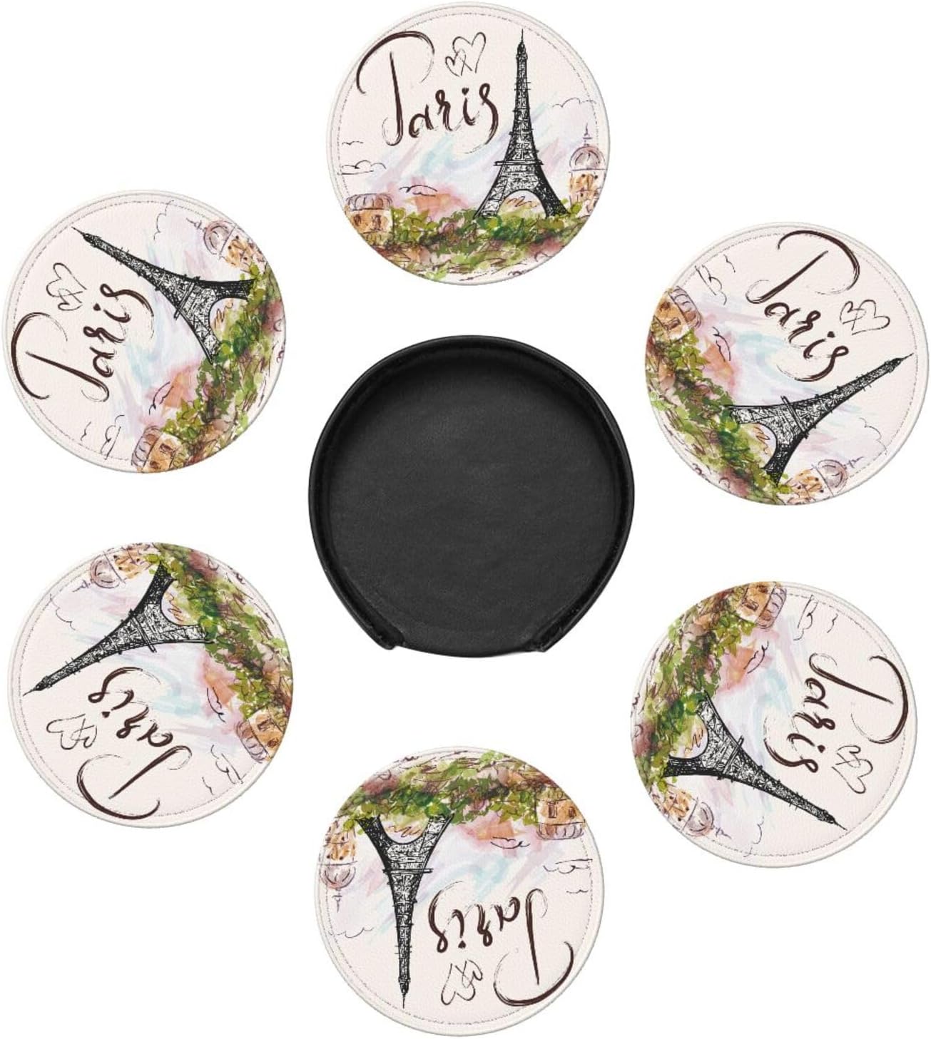 Pretty Paris Romantic Eiffel Tower Coasters for Drinks Round Leather Coaster with Holder Set of 6 for Tabletop Protection Desk Accessories Office Home Room Decor