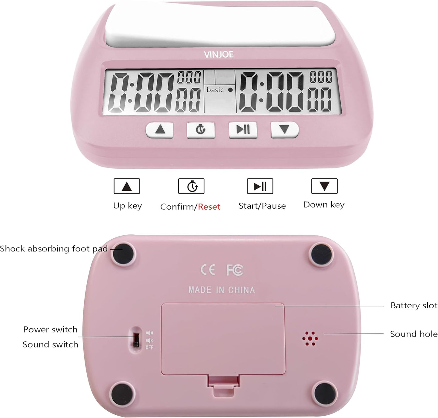 VINJOE Chess Clock Digital Chess Timer Professional for Board Games,Portable Digital Chess Clock & Game Timer with Basic,Bonus,Delay and Positive Time Features Best Gifts for Christmas (Pink)