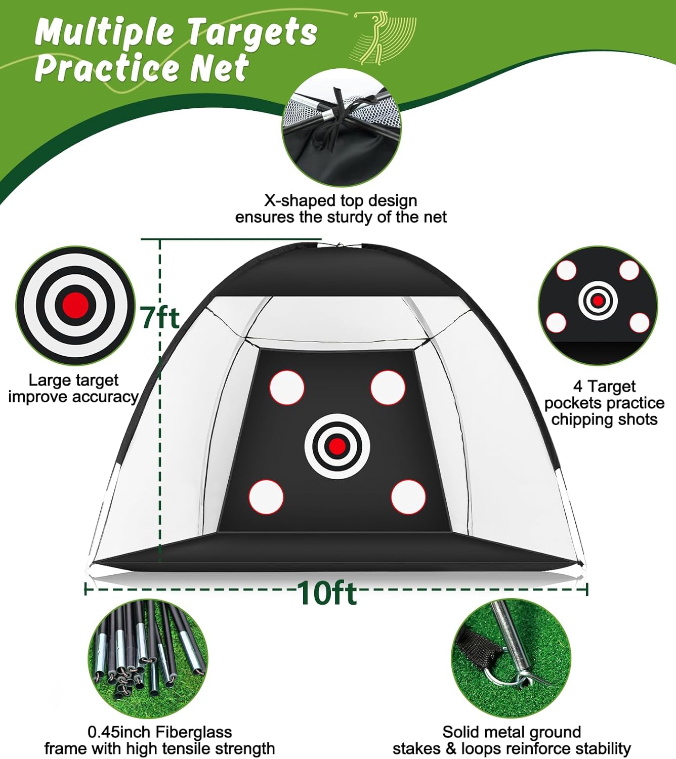 Golf Net: 10x7ft Golf Practice Net for Backyard Chipping Driving with Dual-Turf Golf Hitting Mat, All-in-1 Outdoor Indoor Golf Hitting Net with Multiple Targets, Golf Aid for Men/Golf Lovers