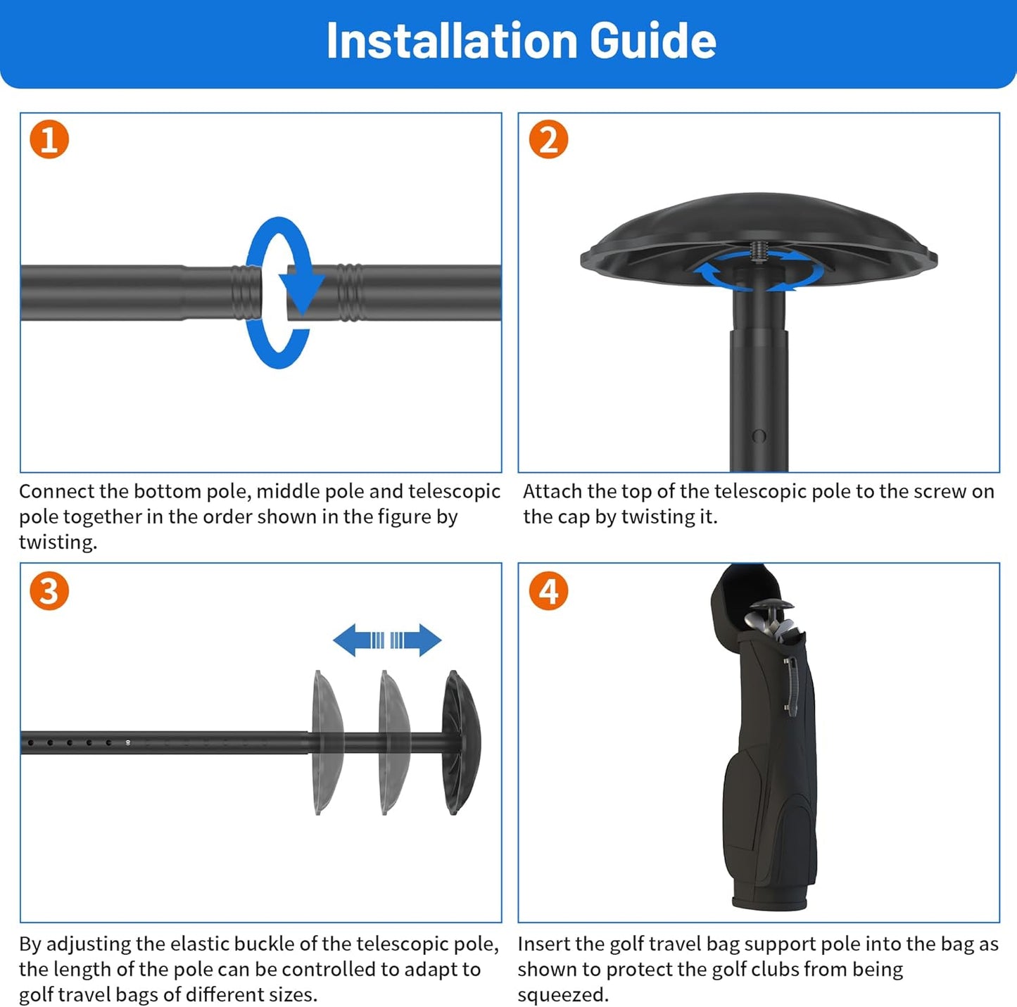 Golf Travel Bag Support Pole - Heavy-Duty Alloy Steel Golf Club Protector with ABS Cover, Adjustable 27-56 Inch, Tool-Free Installation for Travel Bags