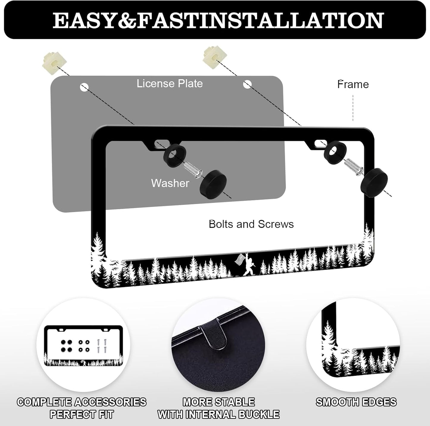 Coniferous Forest Bigfoot License Plate Frames - 2 Pack Front Rear Rock Black Cool License Plates Holder Covers, Aluminum Metal Rust-Proof Waterproof Car Tag Frame with Screws Fasteners Caps