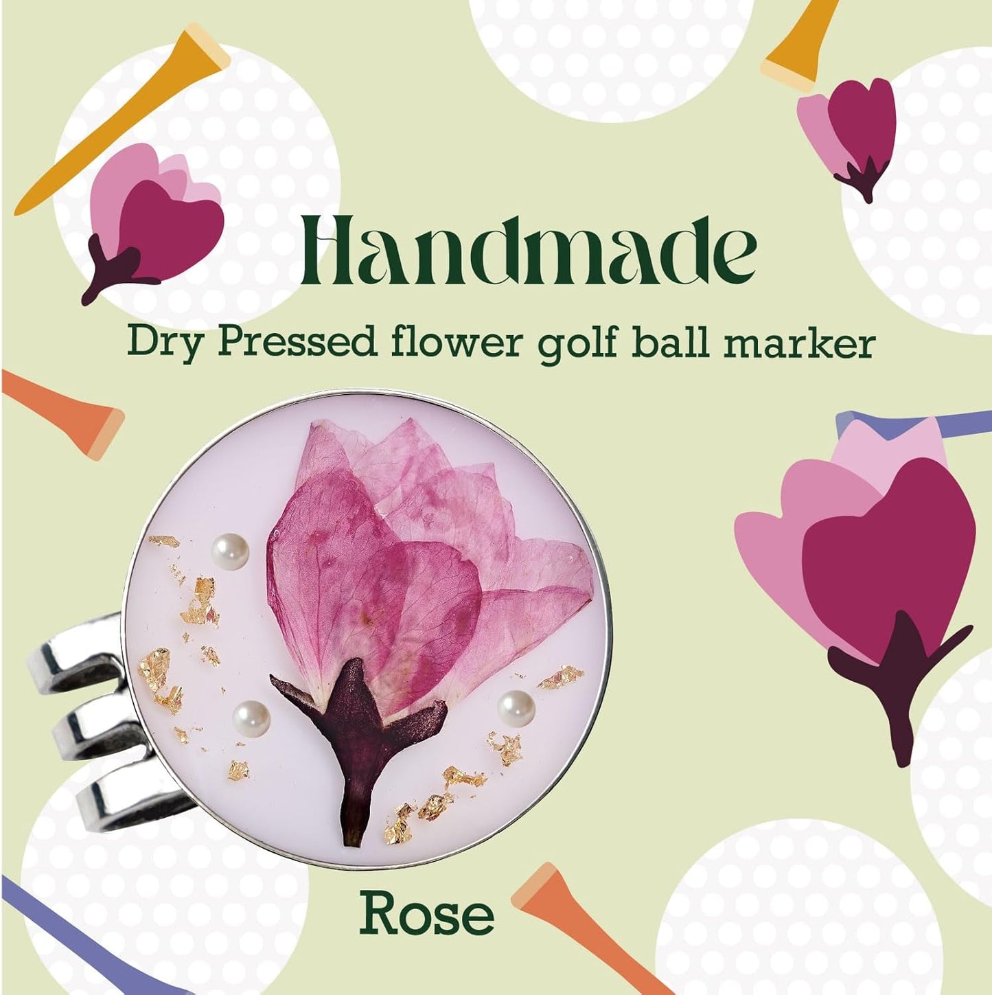 Golf Ball Marker hat Clip with Ball Marker, Handmade Pressed Flower Golf Marker, Golf Gifts, Golf Accessories for Women