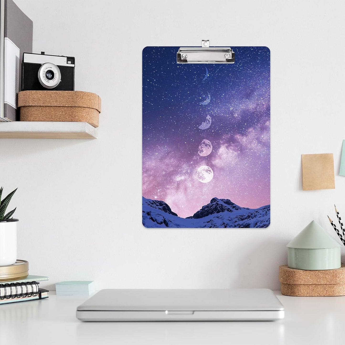 Design Letter Size Plastic Clipboards for Students Women Man and Kids A4 Standard Size 8.7" x 12.5" with Low Profile Metal Clip Lunar Eclipse Moon Purple Mountains