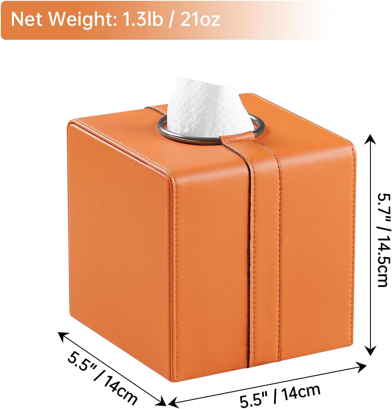 Square Tissue Box Cover, Luxury PU Leather Tissue Holder with Magnetic Closure (Orange)