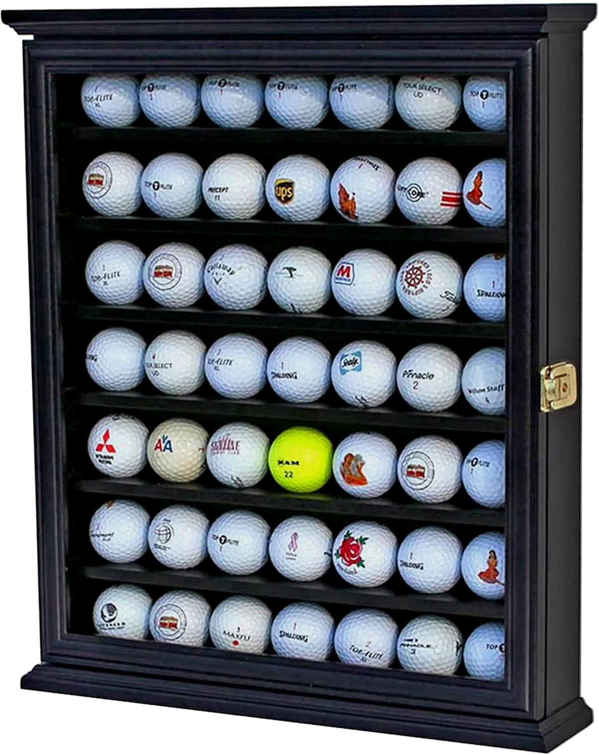 DisplayGifts 49 Golf Ball Display Case Cabinet Wall Rack Holder Solid Wood Frame with 98% UV Protection Lockable Real Glass Door, Great Golfer's Gift