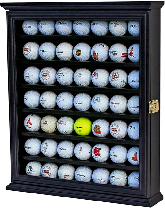 DisplayGifts 49 Golf Ball Display Case Cabinet Wall Rack Holder Solid Wood Frame with 98% UV Protection Lockable Real Glass Door, Great Golfer's Gift