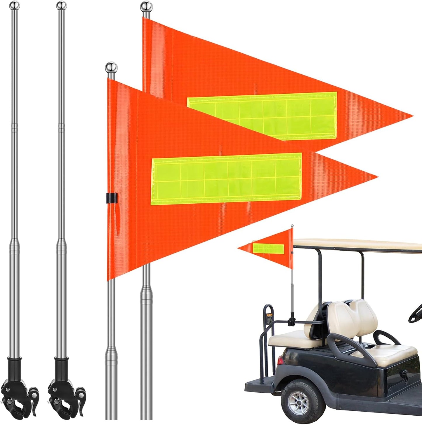 Hicarer 2 Set Reflective Golf Cart Flag Pole Kit Golf Cart Flag Holder Accessories Orange Safety Mount with Reflective Stripe Adjustable Height Flagpole Wheelchairs