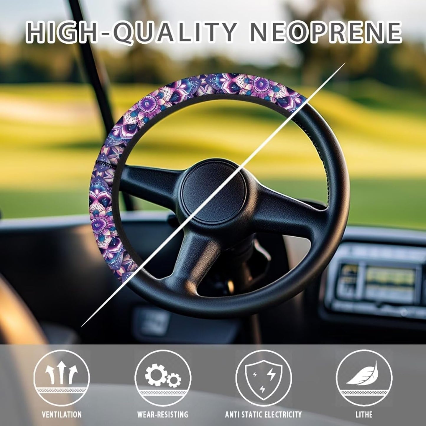 Mandala Golf Cart Steering Wheel Cover Purple 13.5 Inch Steering Wheel Cover Golf Cart Accessories for Women, Lightweight Anti-Slip Club Car Decor Easy to Install