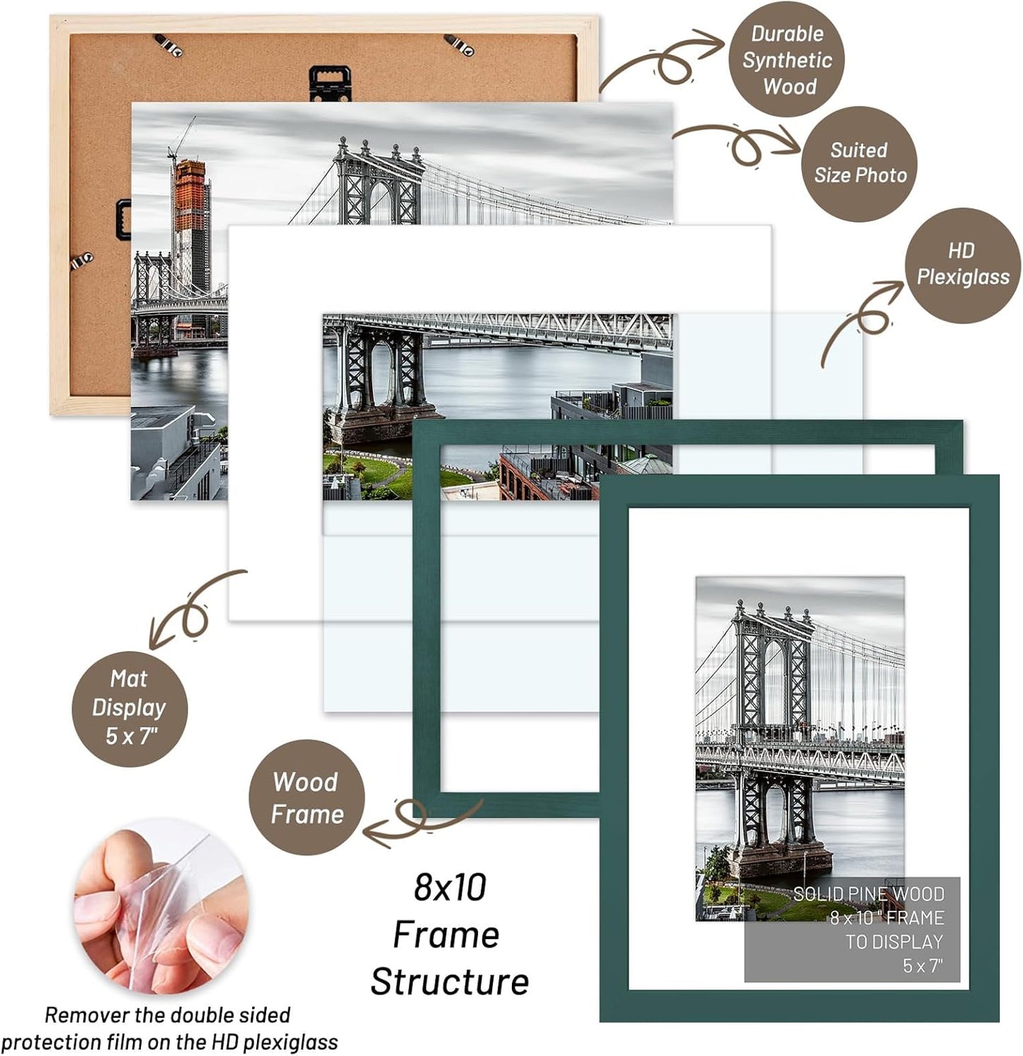 8x10 Solid Wood Picture Frames - 5x7 with Mat or 8x10 without Mat - Poster Photo Frame Art - Wall Mounting or Table Top (Dark Green)