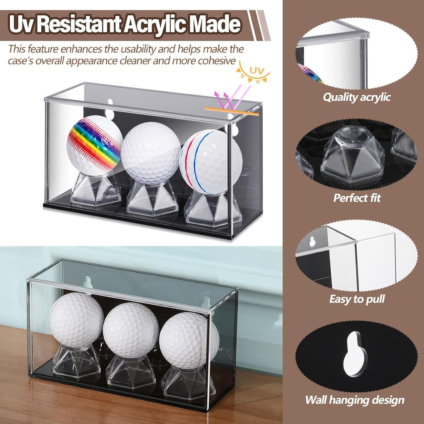 Baseball Golf Ball Display Case for 3 Balls UV Protected Acrylic Boxes for Display Ball Cube Memorabilia Showcase Autograph (Black, 5.9 x 2.4 x 1.8 Inch)