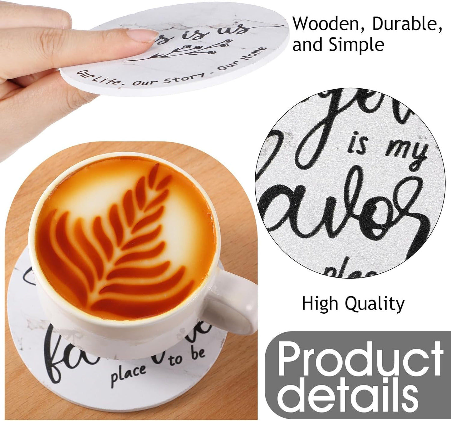 Queekay Housewarming Gifts for Home Decoration Wooden Heart Coasters for Drinks 6 Set Farmhouse Coasters with Holder Funny for Family Coffee Table Protection, 4''(White Marble)