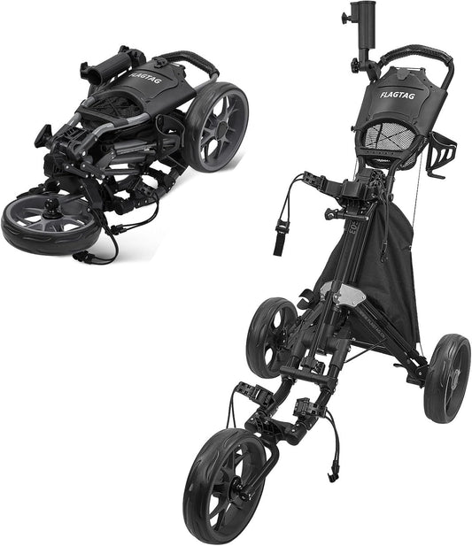 Golf Push Cart 3 Wheel,Foldable Golf Push Cart,Golf Bag Cart with Foot Brake,Umbrella Holder, Cup Holder, Storage Compartment
