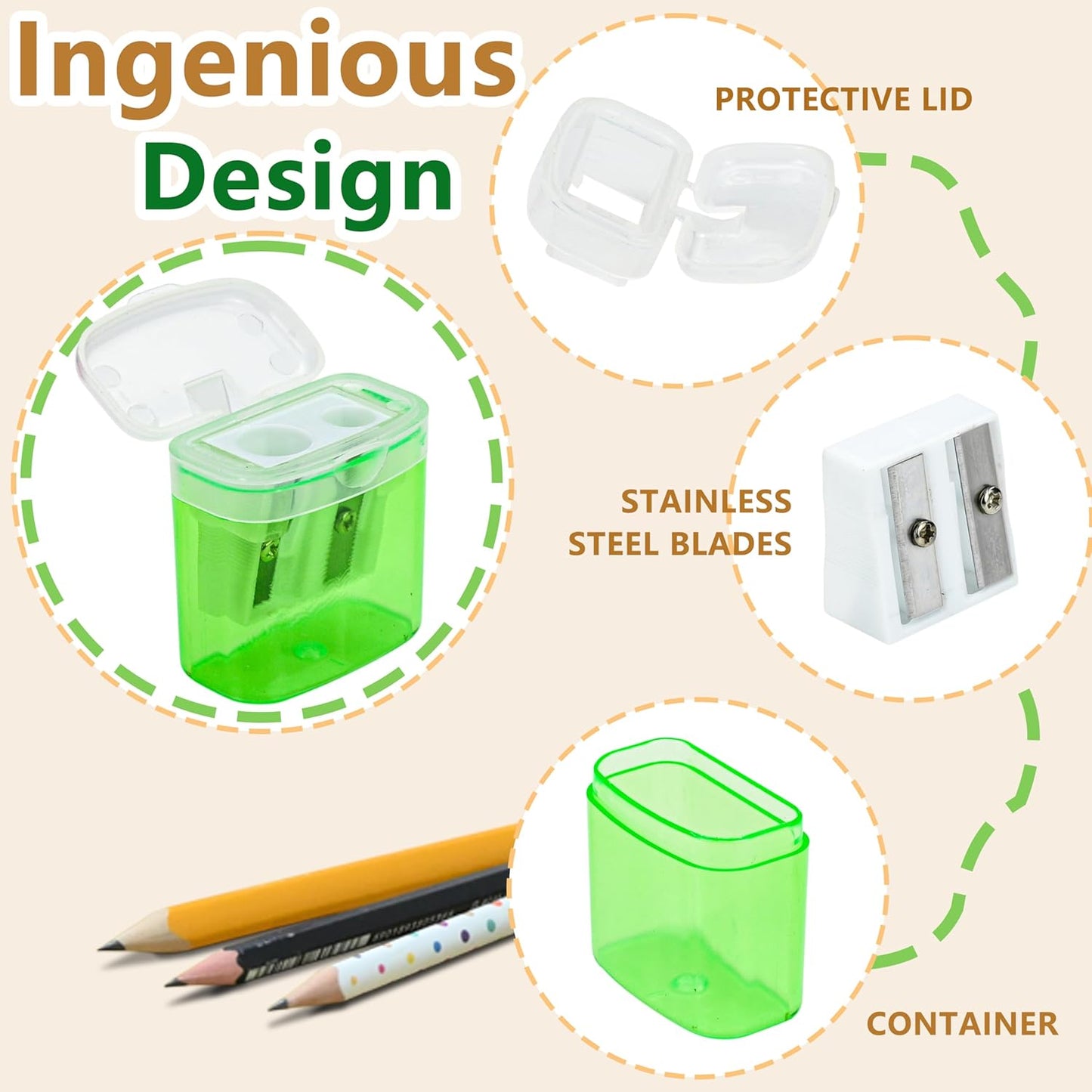 AUSTARK 24Pcs Pencil Sharpener Manual, Assorted Color Small Dual Hole Pencil Sharpeners Bulk with Lid with Lid for School Office Home (Rectangle-24)