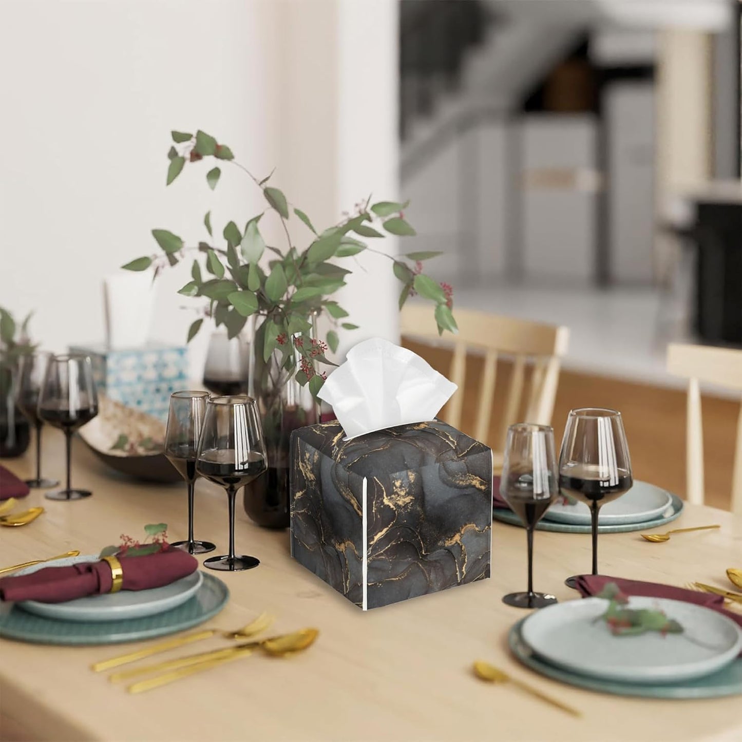 Tissue Box Cover Square,Black Gloden Fluid Marble Tissue Box Holder Waterproof Leather Facial Paper Case Modern Home Decoration for Bedroom Dresser Night Stand Office Desk