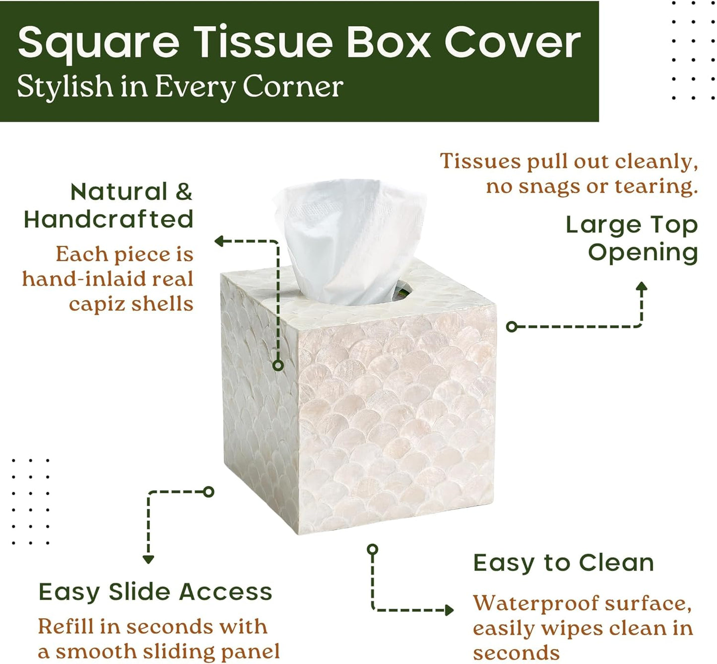 5.9” Capiz Tissue Box Cover, Square Decorative Tissue Holder with Bottom Slider, Handmade Bathroom Accessories, Elegant White Cube for Vanity, Bedroom, Office & Coastal Décor (Natural)