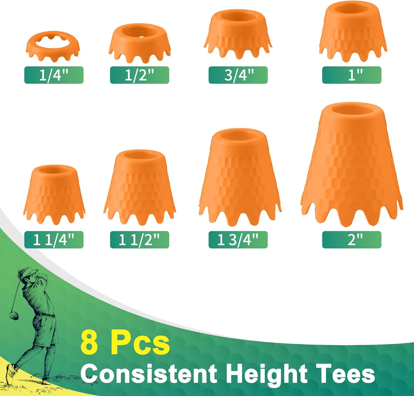 8 Pack ‌Simulator Golf Tees, TPU Unbreakable Material, Height from 1/4" to 2", Suitable for Indoor, Outdoor, Winter, Golf Mats, Turf and Driving Range
