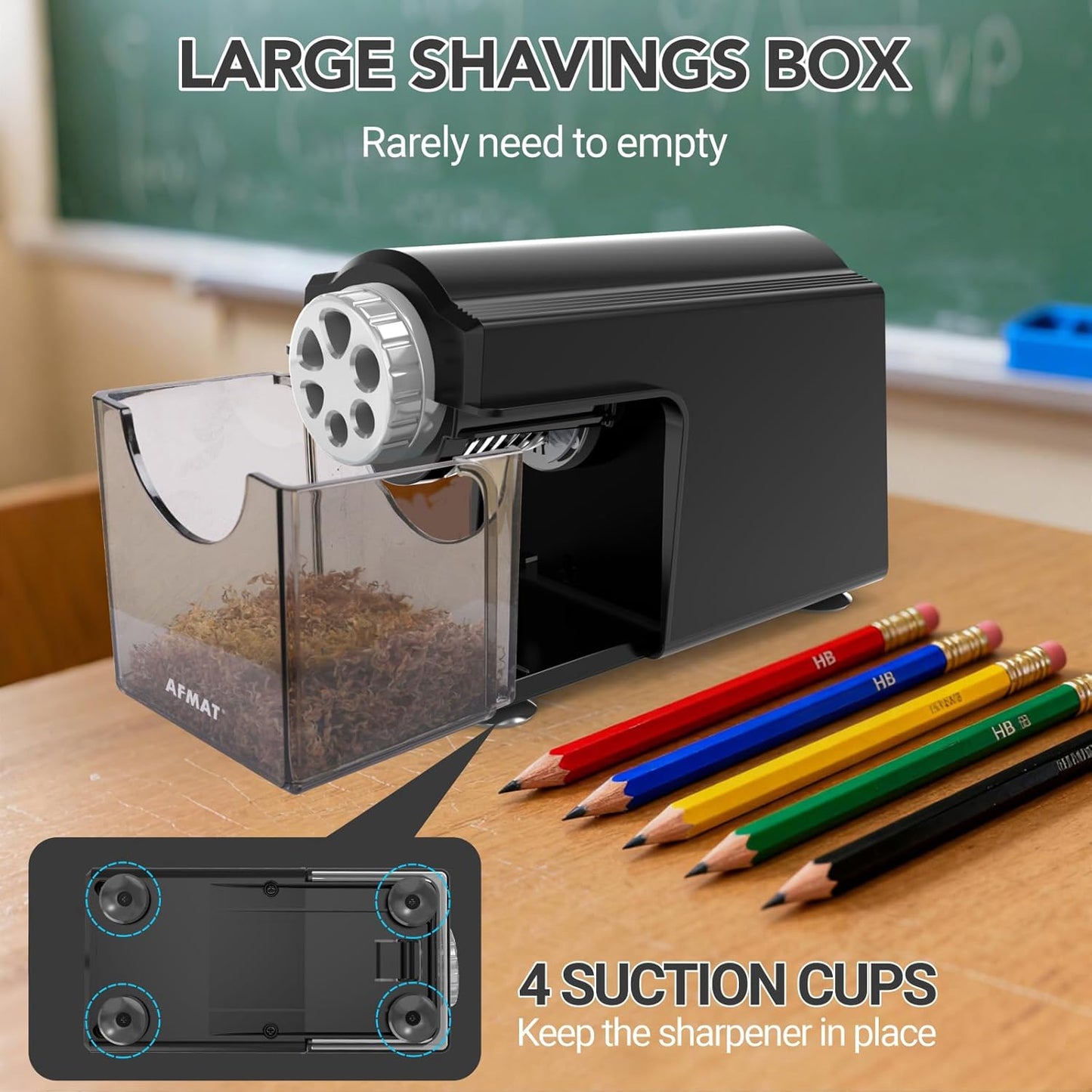 AFMAT PSD4 Electric Pencil Sharpener Heavy Duty, 6 Holes, Cordless & Rechargeable, Super Fast, Auto Stop, 10K+ Uses, Classroom Pencil Sharpener for 6-11mm No.2/Large/Colored Pencils, Black