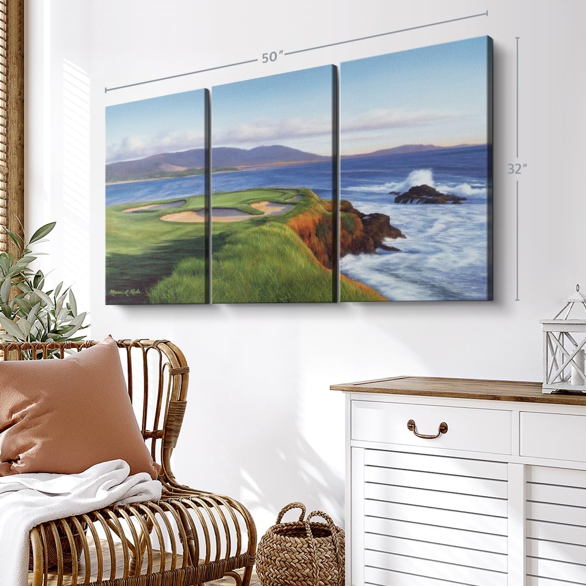 ElephantStock Pebble Beach 7th Hole Wall Art - Horizontal Canvas - 3-Piece Living Room Wall Decor - Painting Sports Canvas Print - Green and Blue Decor for Wall by Marci Rule - 50" X 32"