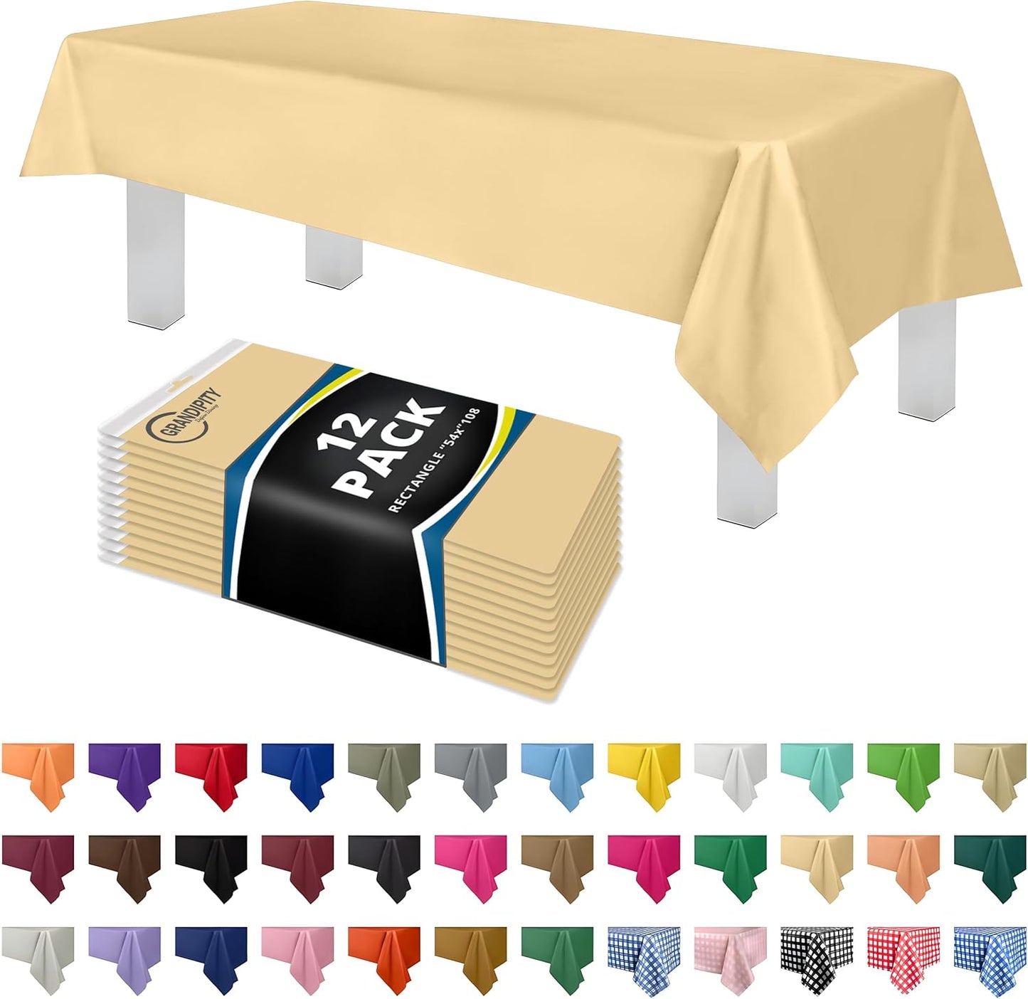 Grandipity 12 Pack Premium Disposable Plastic Tablecloth 54 Inch. x 108 Inch. Decorative Rectangle Table Cover - Ivory