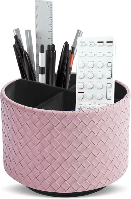 Hennaja Round Leather Art Supply Organizer,Remote Control Holder,360 Degree Spinning,Multi-Functional Pencil Holder,4 Compartments Desktop Stationary Organizer(1-Weave Purple)