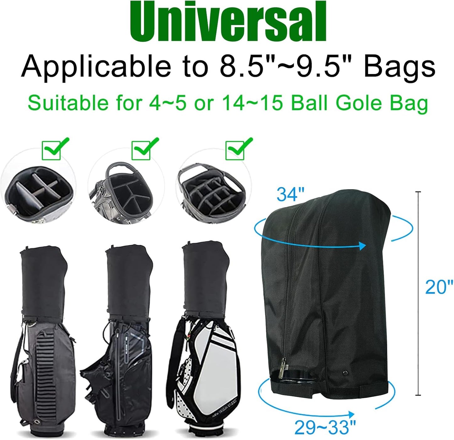 Golf Bag Rain Cover Hood with Snap Button, Universal 1680D Nylon Waterproof Material Dustproof Club Protector
