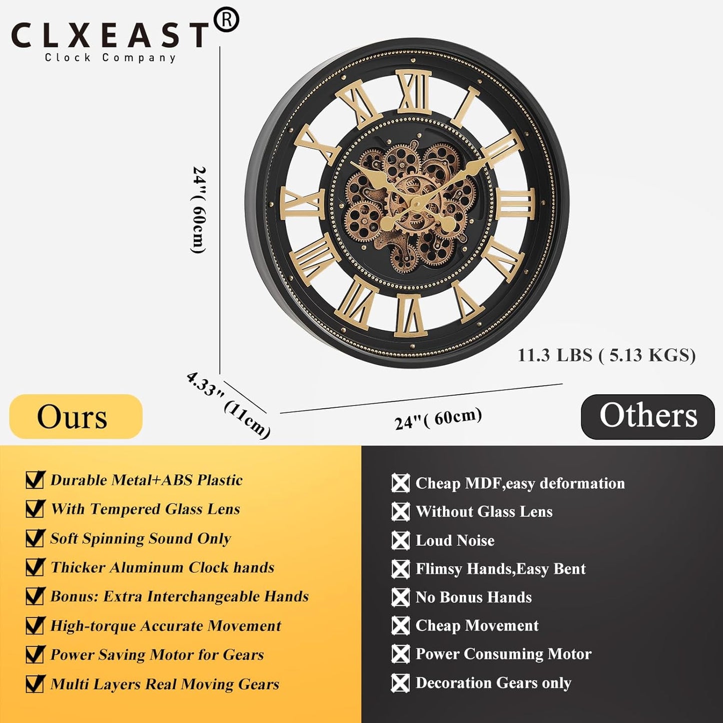 CLXEAST 24 Inch Wall Clock with Moving Gears, Large Roman Numeral Gear Clock for Living Room Decor,Modern Black& Gold Finish,House Warming Gifts New Home