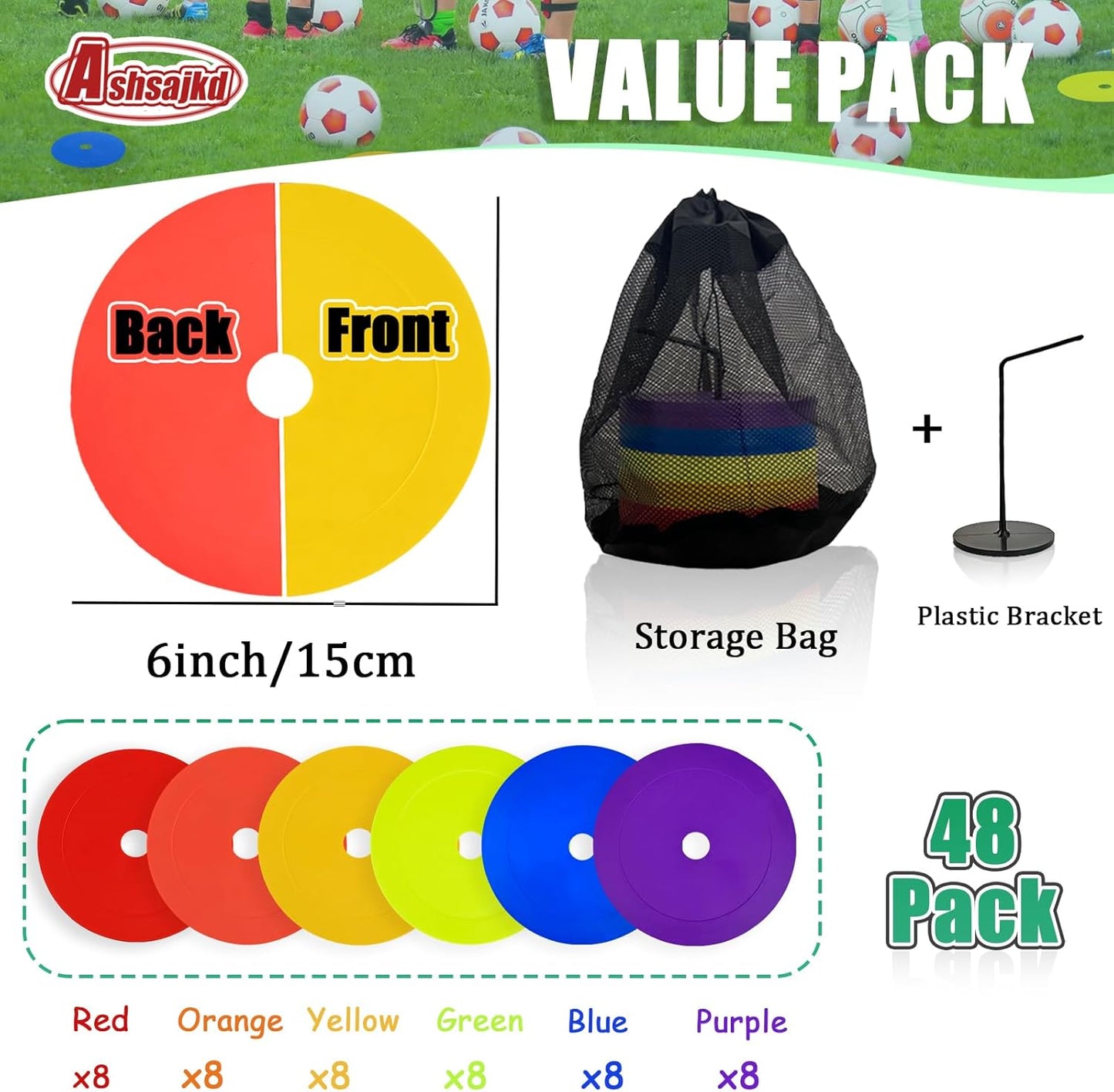 48 Pack 6 Inch Flat Soccer Cones, Multicolor Non-Skid Spot Markers with Holes, Flat Cones for Sports Training, Football, Baseball, Agility Training Equipment