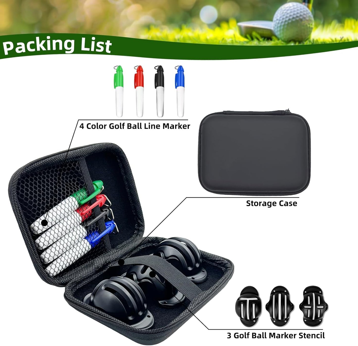 Golf Ball Marker Set with Carry Case, 3 Golf Ball Marking Stencils and 4 Color Golf Ball Markers, Golf Ball Marker Liner Marker, Golf Ball Alignment Marking Tool