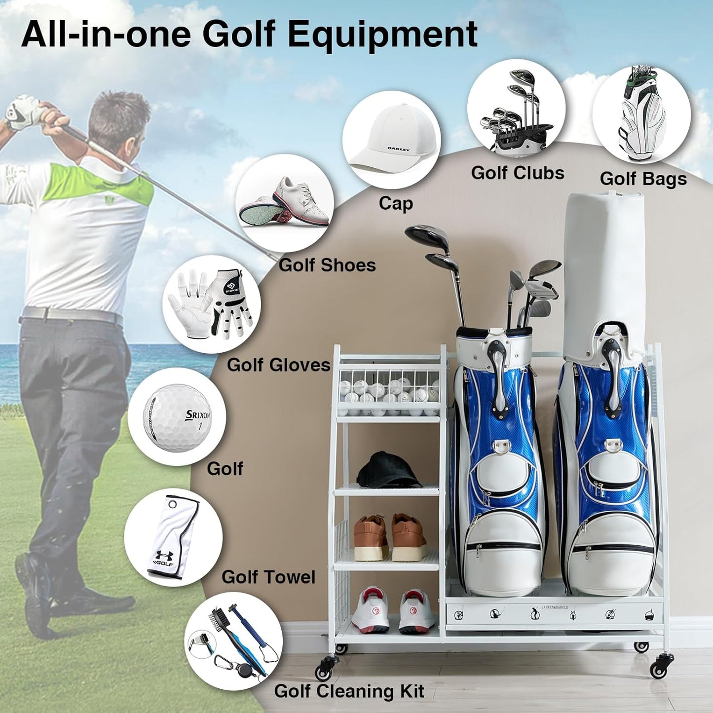 Lauren&Harold Golf Bag Organizer Garage Storage, Golf Storage Rack Stand Fits 2 Golf Bags, Golf Clubs and Other Golfing Equipment Accessories, Golf Organizer for Garage, Club, Shed, Basement