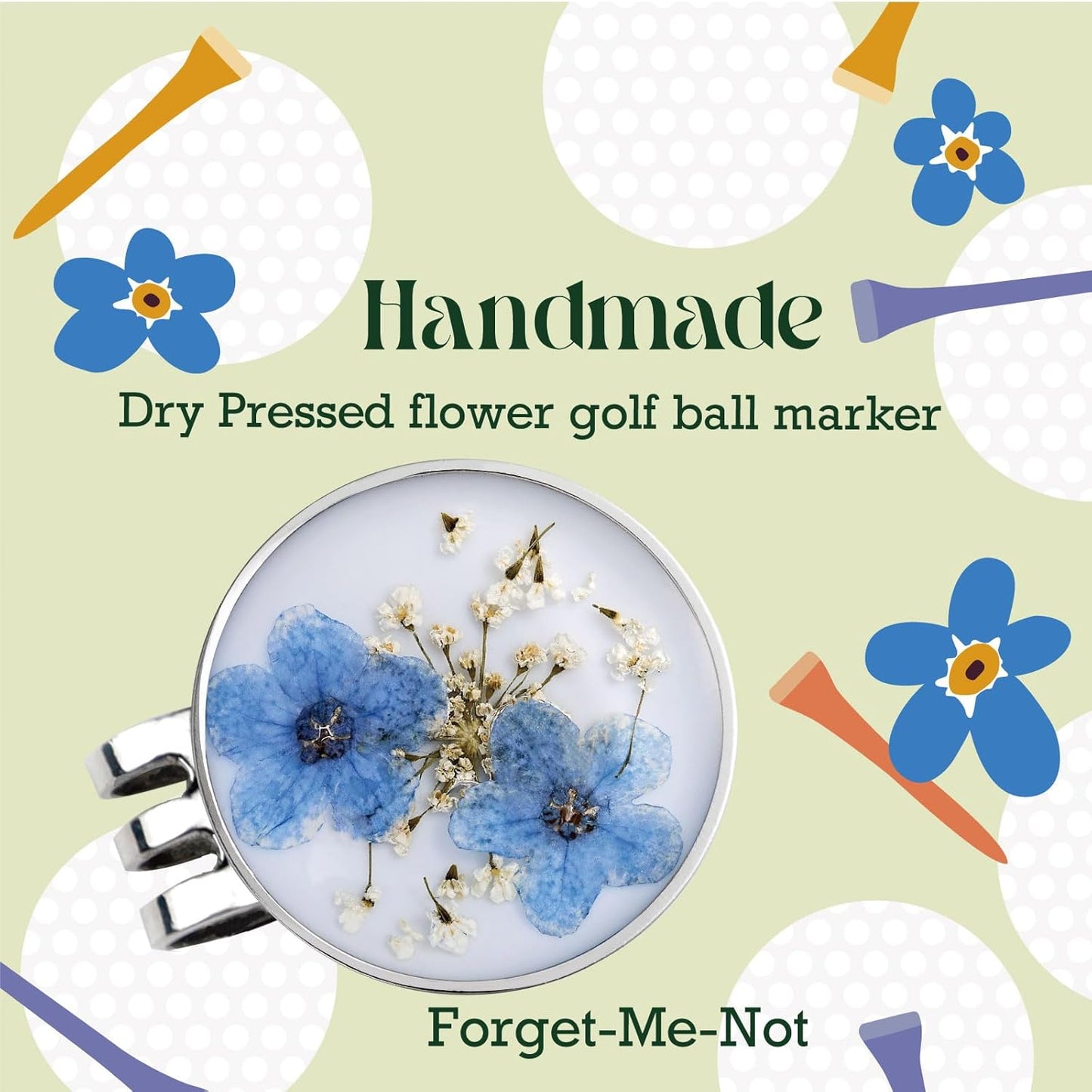 Golf Ball Marker hat Clip with Ball Marker, Handmade Pressed Flower Golf Marker, Golf Gifts, Golf Accessories for Women