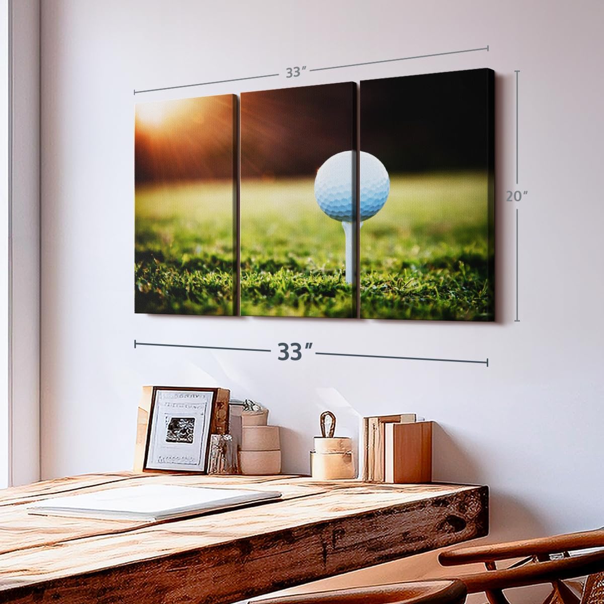 ElephantStock Golf Ball Tee Wall Art - Horizontal Canvas - 3-Piece Living Room Wall Decor - Photography Photographic Canvas Print - Black and White Decor for Wall - 33" X 20"