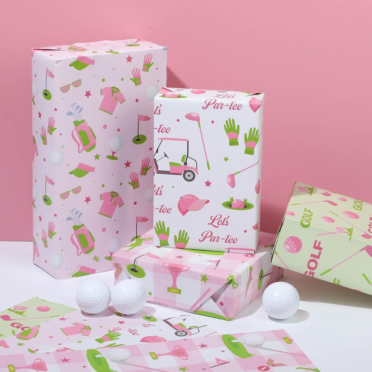 Pineraap 12 Sheets Golf Wrapping Paper, Pink Green Golf Ball Let’s Par-tee Gift Wrap Sports Gift Packing Paper for Girls Birthday Party Holiday Baby Shower DIY Crafts, 19.7 x 27.6 Inch