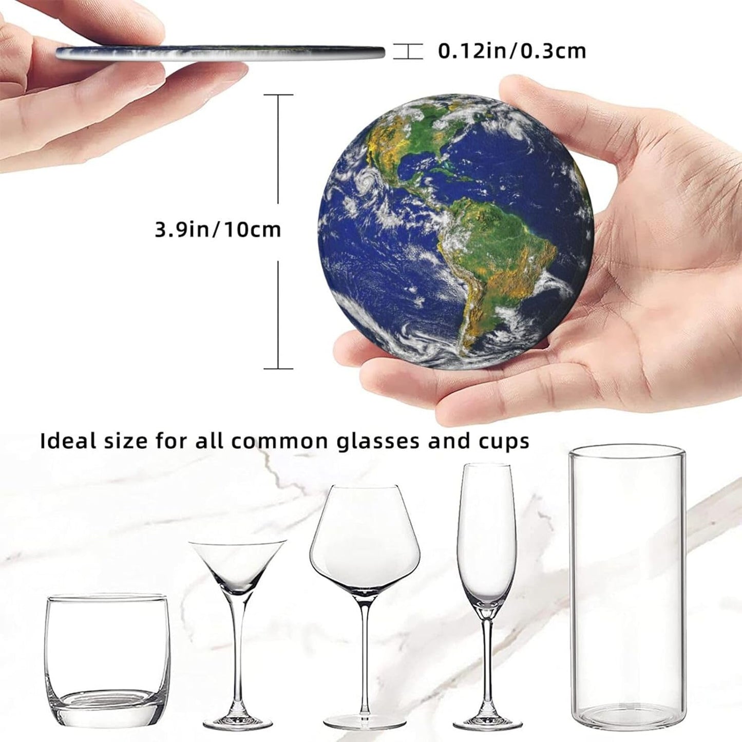 Planet Earth North and South America Map Coasters for Drinks Round Leather Coaster with Holder Set of 6 for Tabletop Protection Desk Accessories Office Home Room Decor