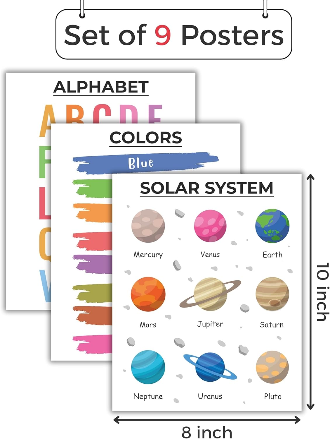 CNTG Design Educational Posters – Set of 9, 8x10 Inch Unframed Wall Art – Alphabet, Numbers, Solar System, Shapes & Classroom Decor for Homeschool (Essential Learning)