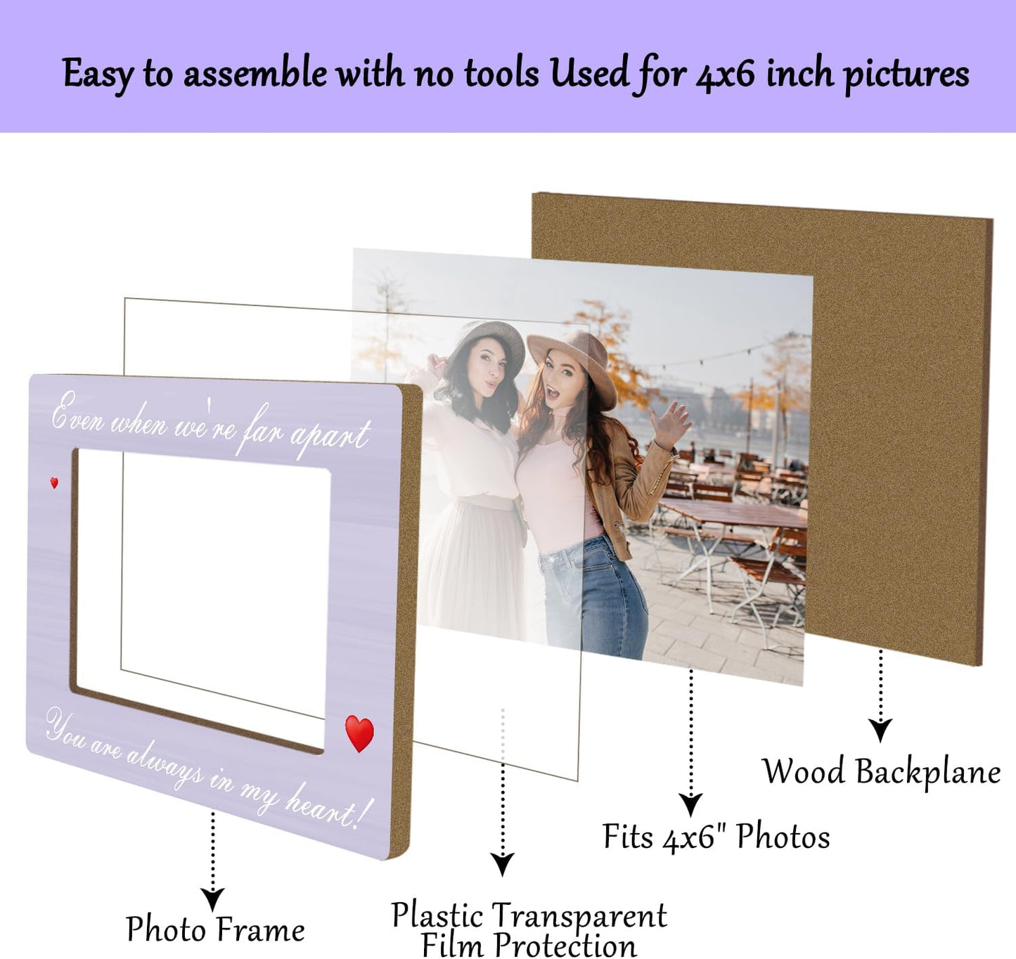 Memorial Gifts Picture Frame, Wooden Photo Frame with Stand, Even When We're far Apart You are Always in My Heart, Home Office Desk Decor Photo Frame Tabletop Display -xk29