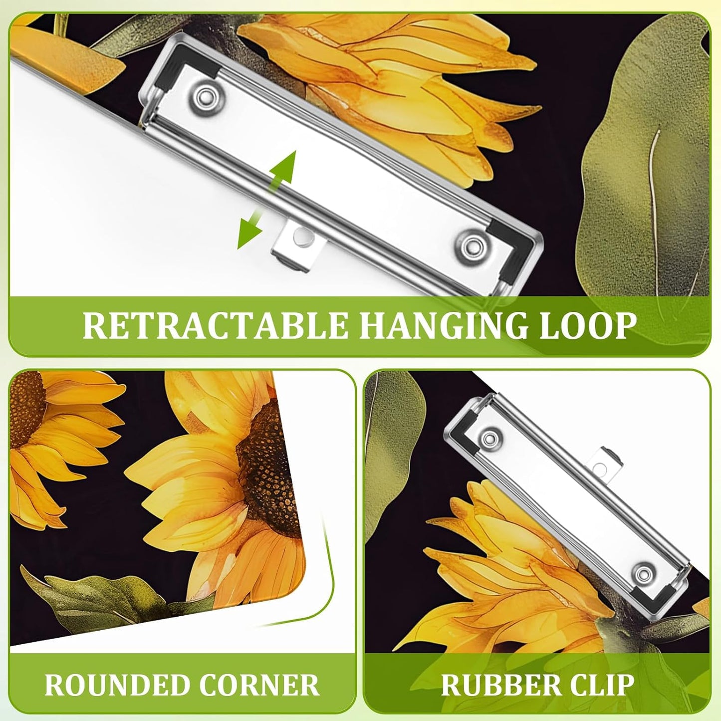 Watercolor Sunflowers Clipboard,Decorative Acrylic Clipboard with Low Profile Metal Clip for Office,School,Teachers,Students Standard Letter Size 9x12.5