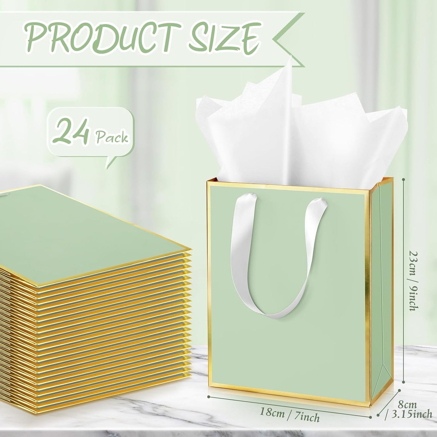 Yeaqee 24 Pack Metallic Paper Gift Bags with Handle and Tissue 9x7x3.1 Gold Foil Welcome Favor Bags Return Gifts for Wedding Fall 5 Senses Christmas Bridesmaid Birthday(Sage Green, Gold)