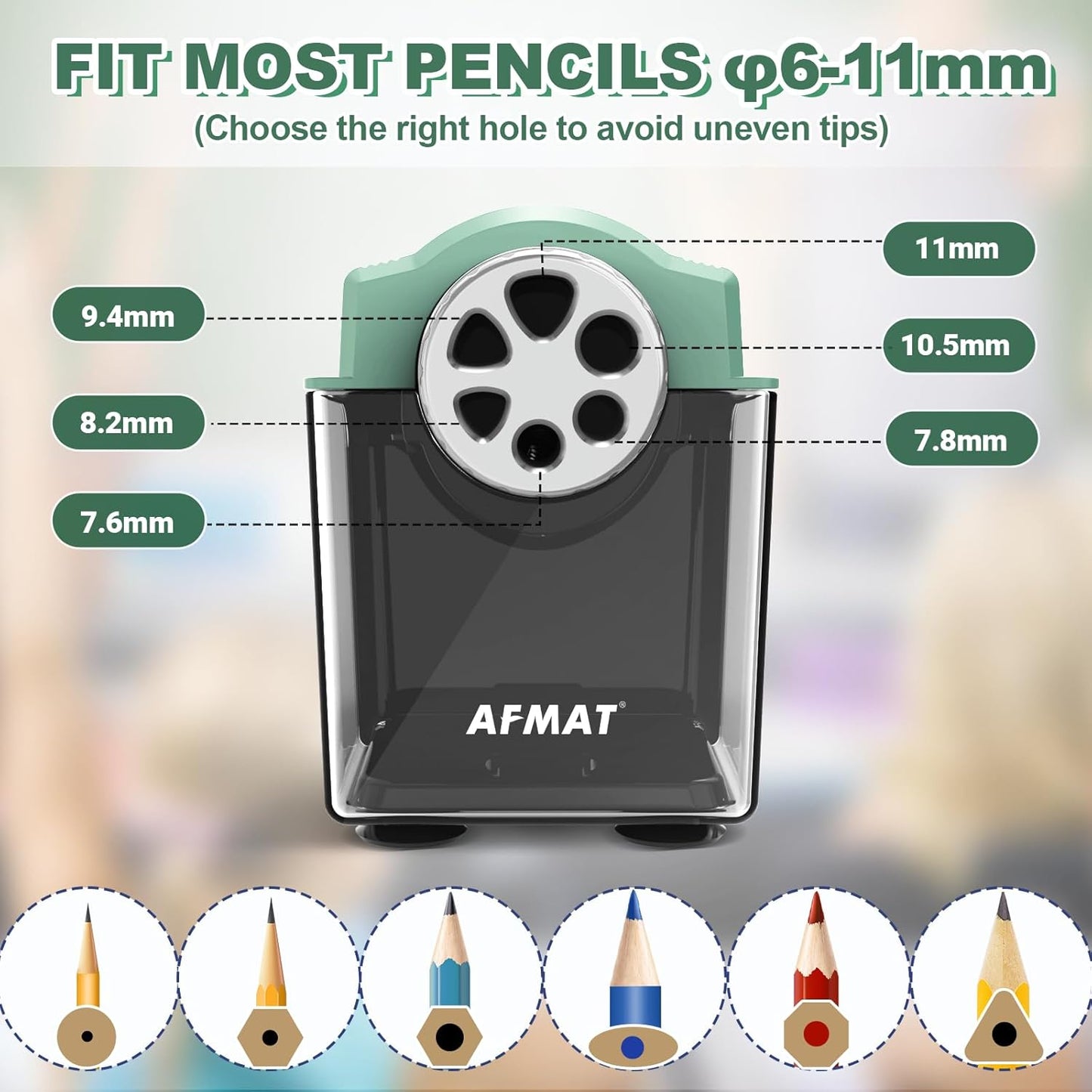 AFMAT PSX4 Electric Pencil Sharpener for 6-11mm Pencils, 6 Holes, Heavy Duty Pencil Sharpener for Classroom, Auto Stop Pencil Sharpeners Plug in, 10,000+ Sharpenings, Save Colored Pencils, Green