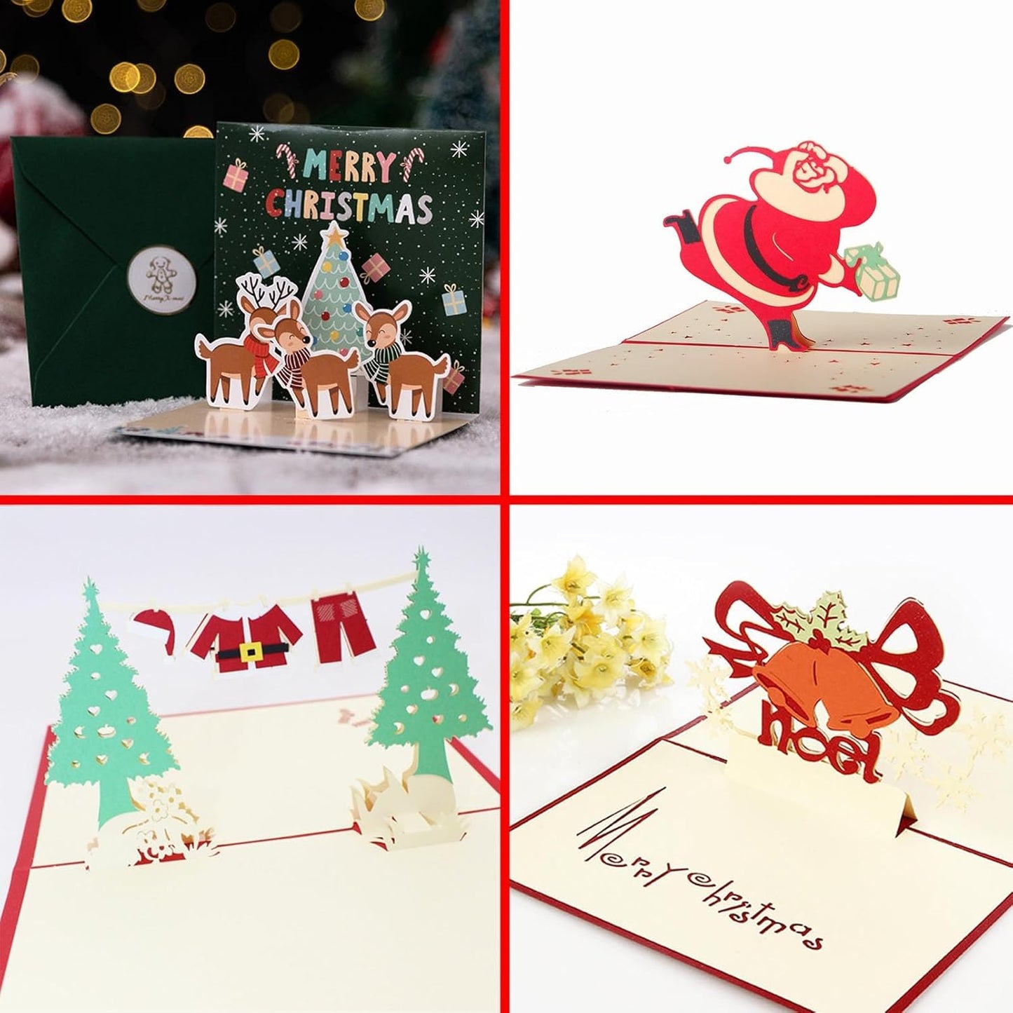 3D Christmas Greeting Cards, 8PCS, Pop Up Handmade Cards with Envelope Set of 8, For Xmas New Year Winter Holiday- Feature Xmas Tree, Snowman, Reindeer, Santa and Bell