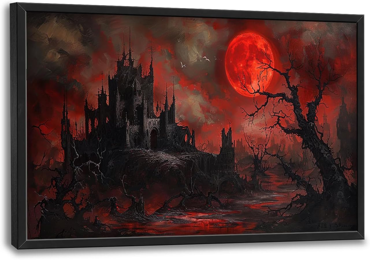 Large Gothic Spooky Haunted House Framed Wall Art for Living Room Dark Academia Castle Pictures Wall Decor Goth Print Painting Artwork Home Decorations for Gothic Room Bedroom Office 36x24 inch