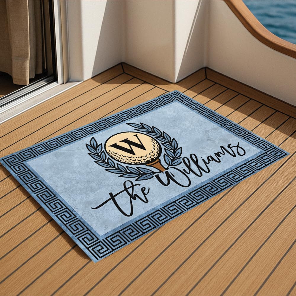 Personalized Golf Doormat with Monogram Initial – Custom Family Name Rug with Laurel Wreath & Marble Background – Non Slip Outdoor Entry Mat for Porch, Golf Club, or Man Cave Decor