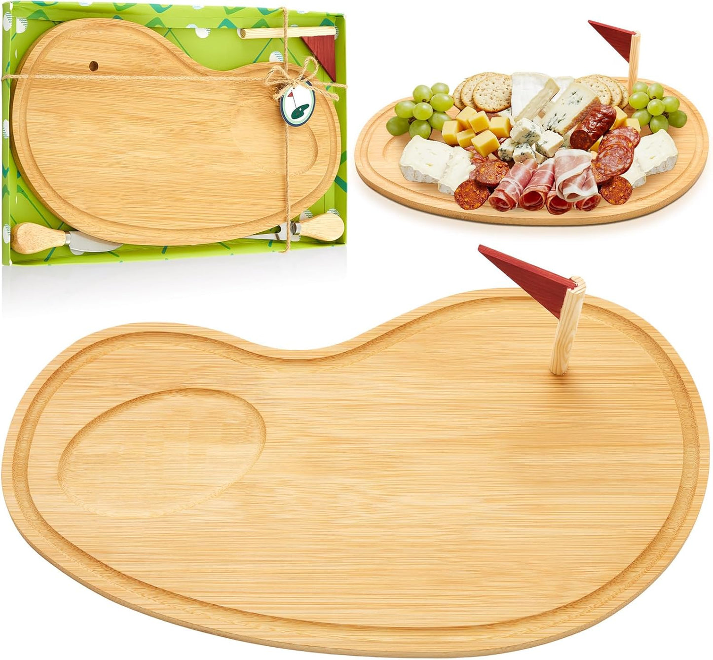 Golf Cheese Board Gift Set Golf Party Favor Prizes Charcuterie Wood Board with Knives and Box Father Day Gift for Dad Grandpa Party Tournament Game(Bamboo Color,15 x 8.3 x 0.47 ")